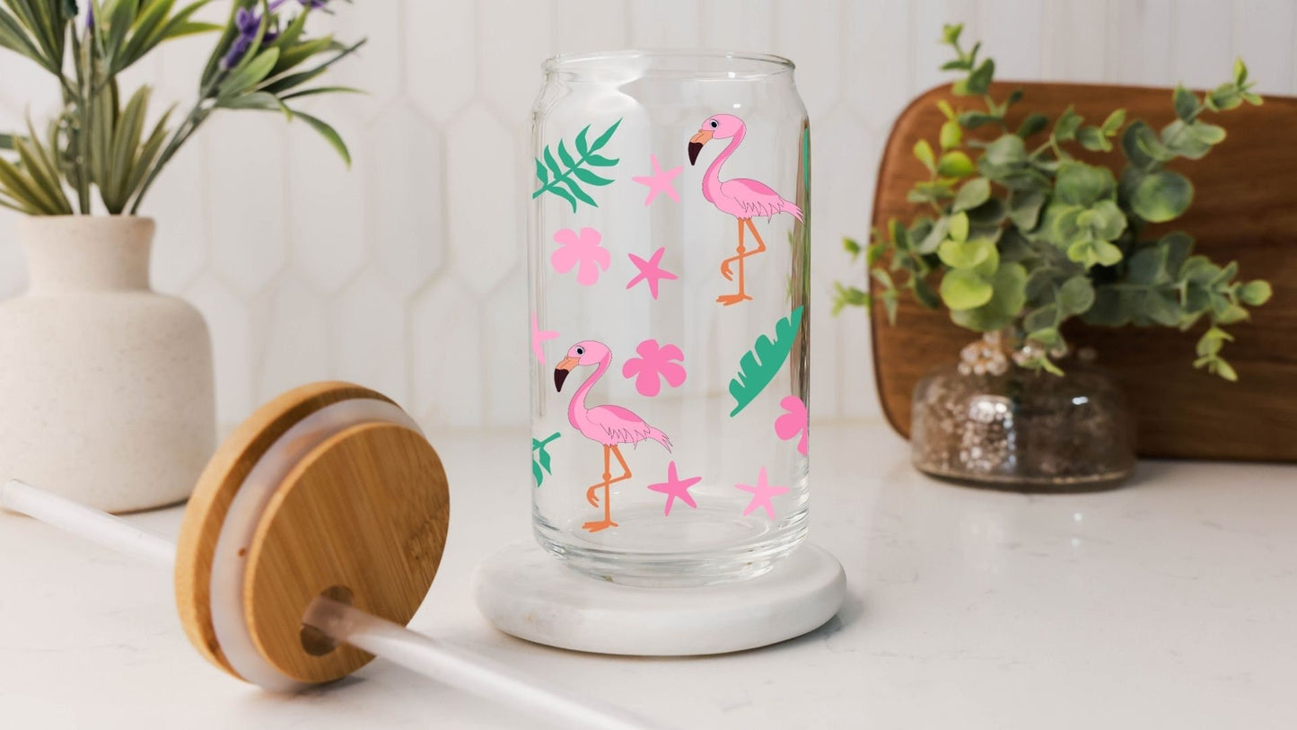 Tropical Flamingo 16 oz Glass Tumbler with Bamboo Lid