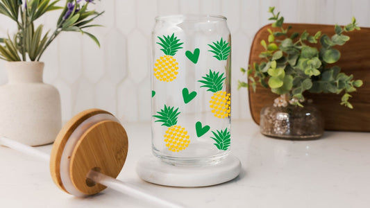 Tropical Pineapple 16 oz Glass Tumbler with Bamboo Lid and Straw