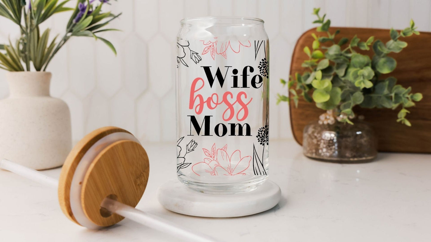 Wife Boss Mom 16 oz Glass Tumbler with Bamboo Lid and Straw - Inspirational Drinkware