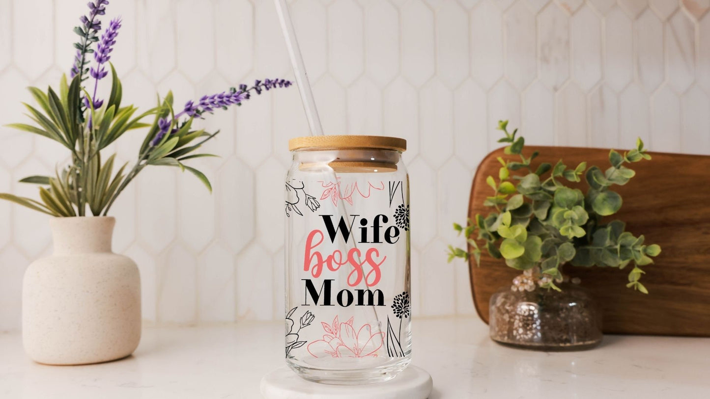 Wife Boss Mom 16 oz Glass Tumbler with Bamboo Lid and Straw - Inspirational Drinkware