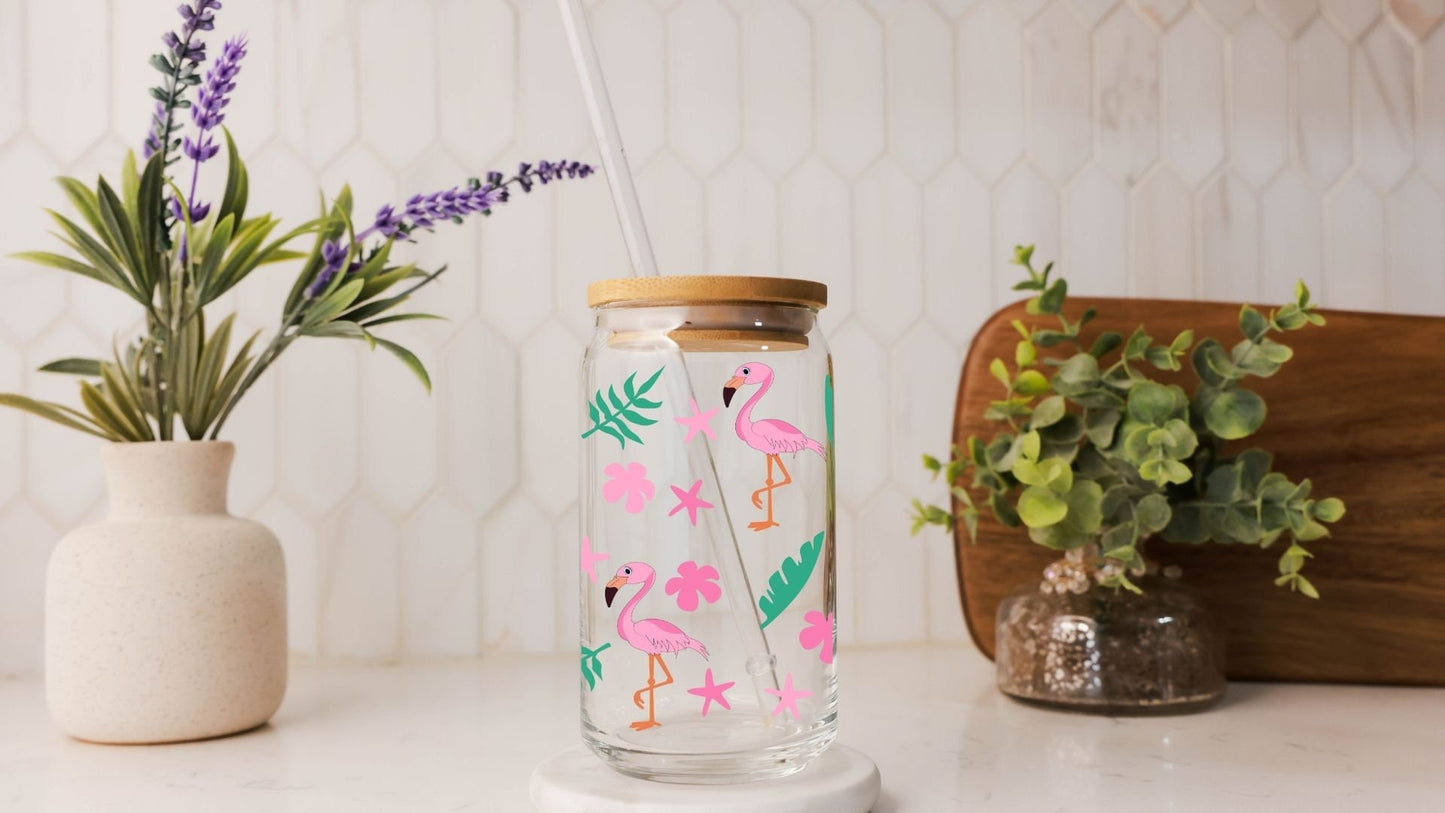 Tropical Flamingo 16 oz Glass Tumbler with Bamboo Lid