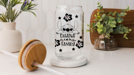 Ohana Means Family 16 oz Glass Tumbler with Bamboo Lid and Straw